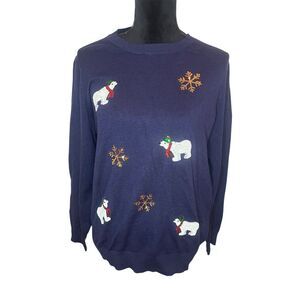 Victoria Harbour Women's Navy Sequin Polar‎ Bear Pullover Sweater Size L